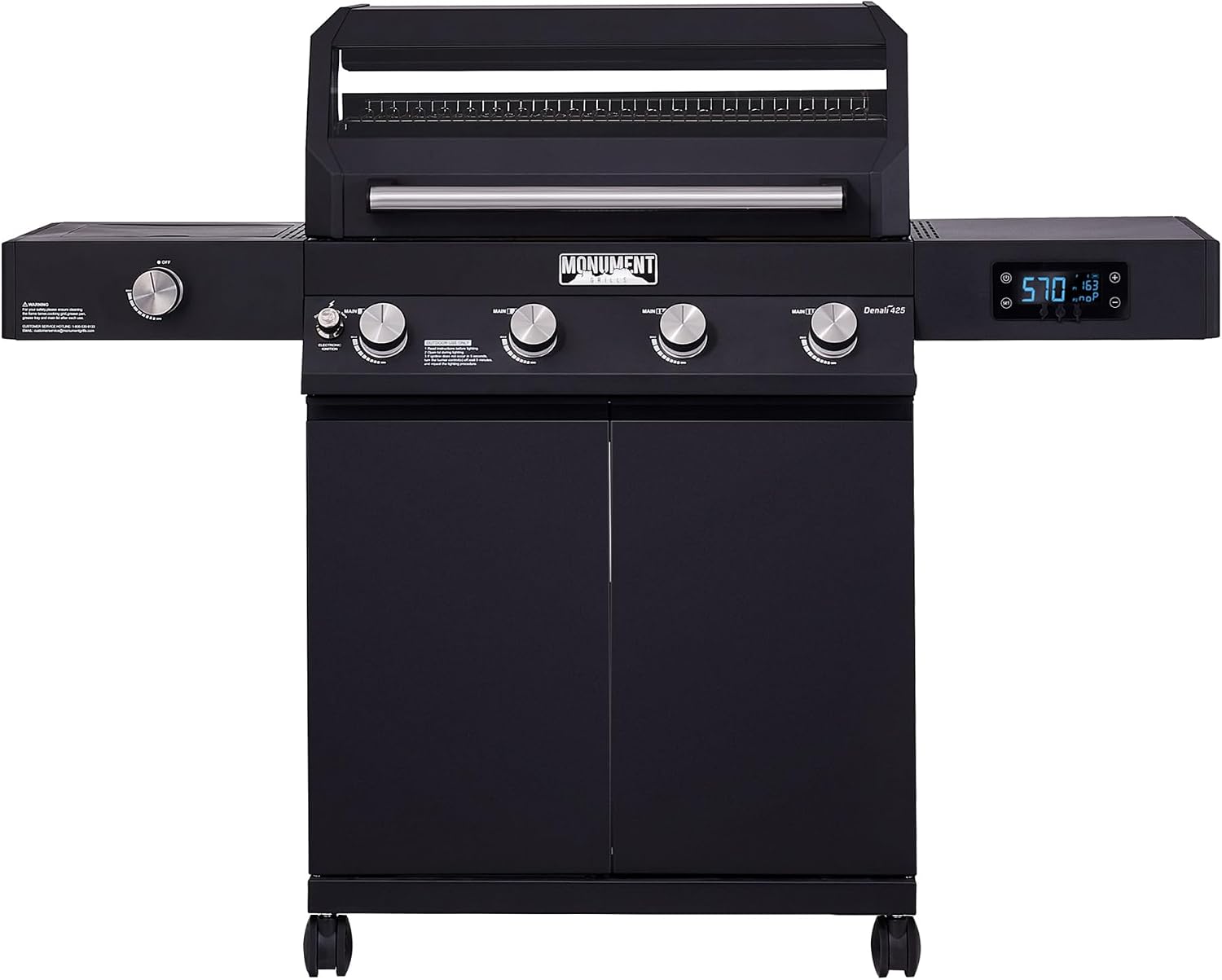 Monument Grills Denali Series, 4+1 Liquid Propane Gas Smart BBQ Grill, 4 Burners & 1 Side Burner Denali 425 with Smart Technology and Knob Controls, Black