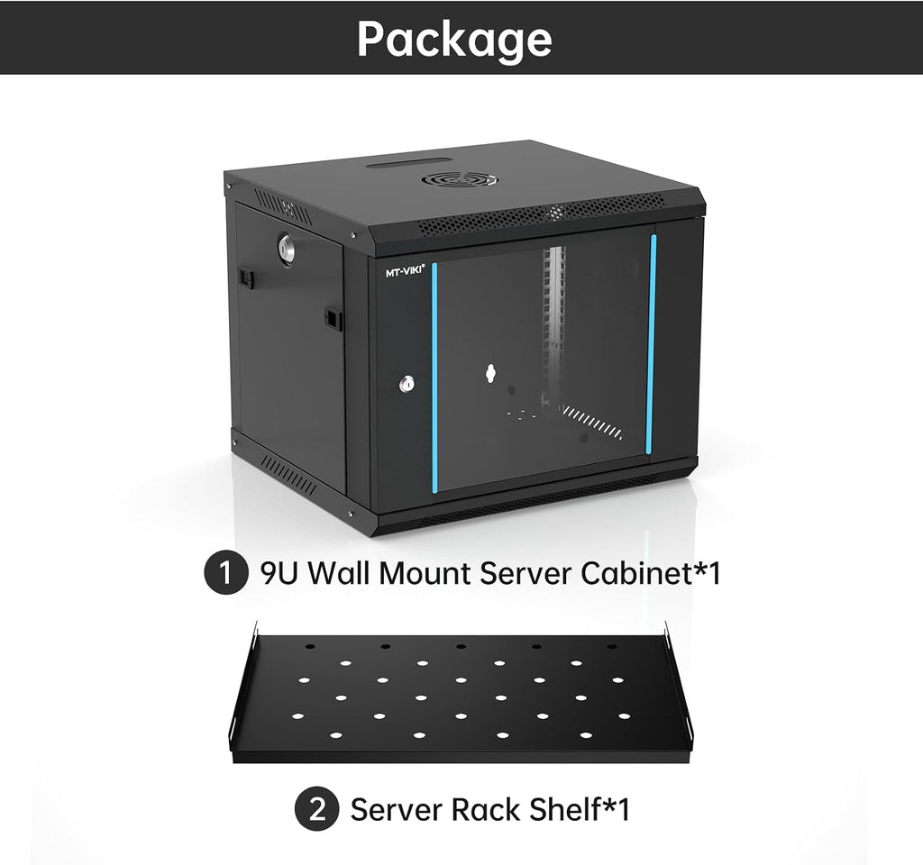 MT-VIKI 9U Wall Mount Server Cabinet Network Rack Vented Enclosure, 0.8mm Thick, 17.7'' Deep (450mm), for 19'' IT Equipment, Included 1pcs Rack Shelf