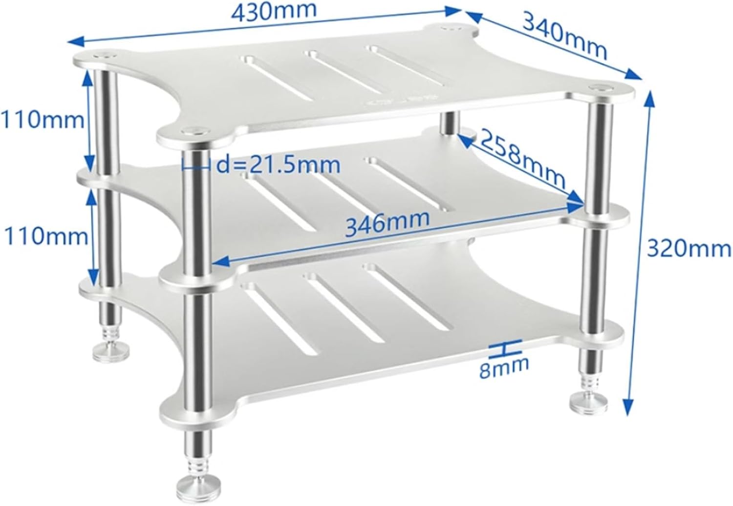 3-Tier Media Stand, Rack Audio Tower, Aluminum Alloy Storage Cabinet, with Shock-Absorbing Foot Spikes, for HiFi Audio Equipment, Amplifier, 430x340x320mm, Silver