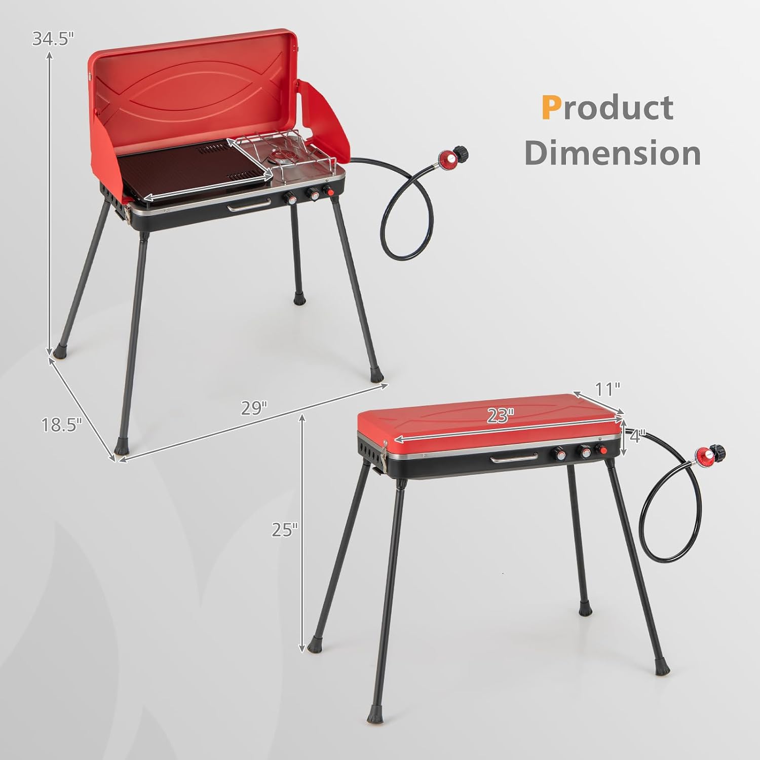 Giantex Portable Propane Grill & Camping Stove, 20,000 BTU Gas Camping Grill Burner, Independent Temperature Control, 3-Sided Wind Guard, Detachable Legs, for BBQ, Tailgating, Outdoor Cooking (Red)