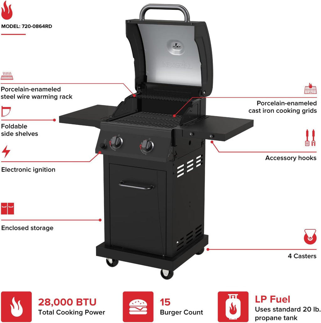 Nexgrill Deluxe 2-Burner Gas Grill with 401 SQ In Grate, 28000 BTUs, Heavy Duty Steel Frame & Foldable Side Table, Propane BBQ Grill for Outdoor Cooking, Patios, Backyards and More - 720-0864RD