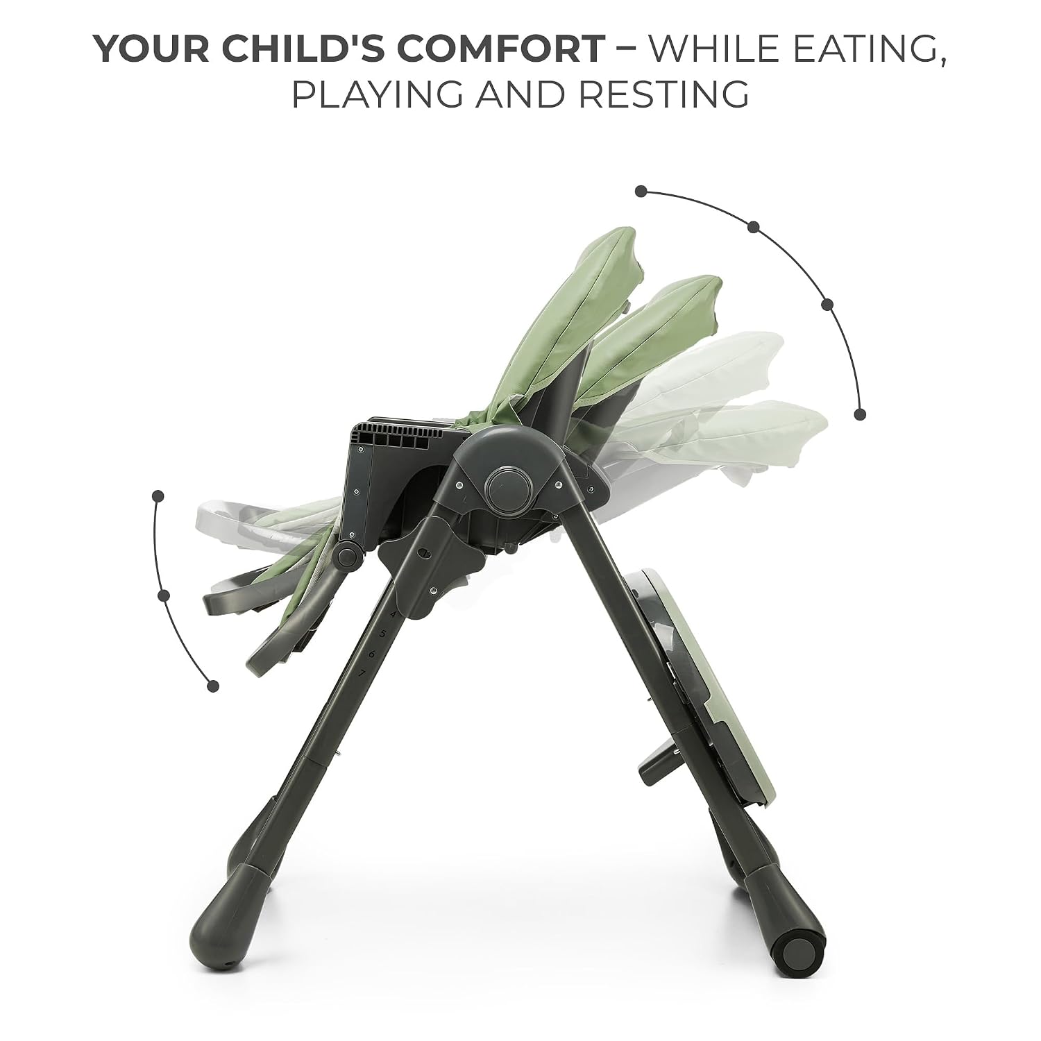 Kinderkraft Tummie, 2-in-1 high Chair, Baby Chair, Ergonomic, Comfortable, Reclining, Foldable, with Ajustable Height, Footrest, Detachable Tray, for Toddler, with Toys, Green
