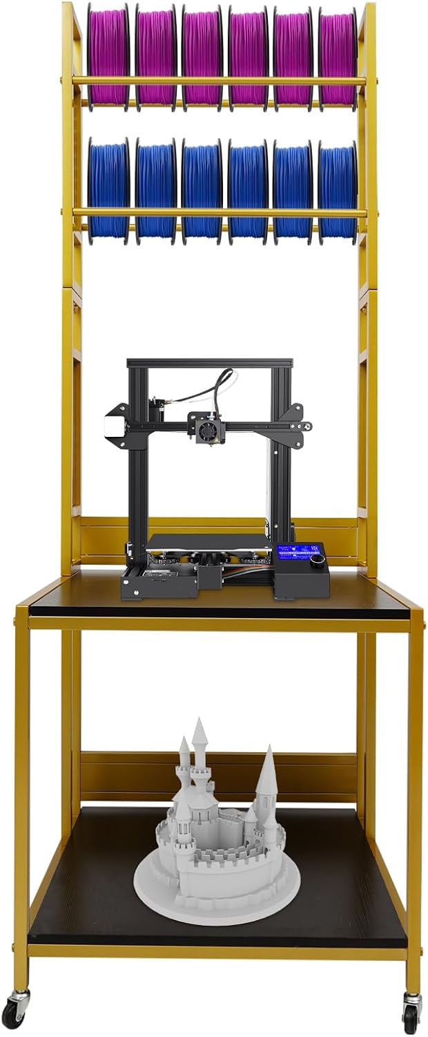 3D Printer Stand with Filament Storage, Heavy Duty 2-Tier Mobile Printer Table with Wheels, 110Lbs Capacity 3D Printer Table with Filament Spool Holder Rack for Workshop Studio Office Home (Gold)