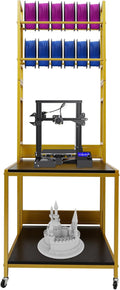 3D Printer Stand with Filament Storage, Heavy Duty 2-Tier Mobile Printer Table with Wheels, 110Lbs Capacity 3D Printer Table with Filament Spool Holder Rack for Workshop Studio Office Home (Gold)