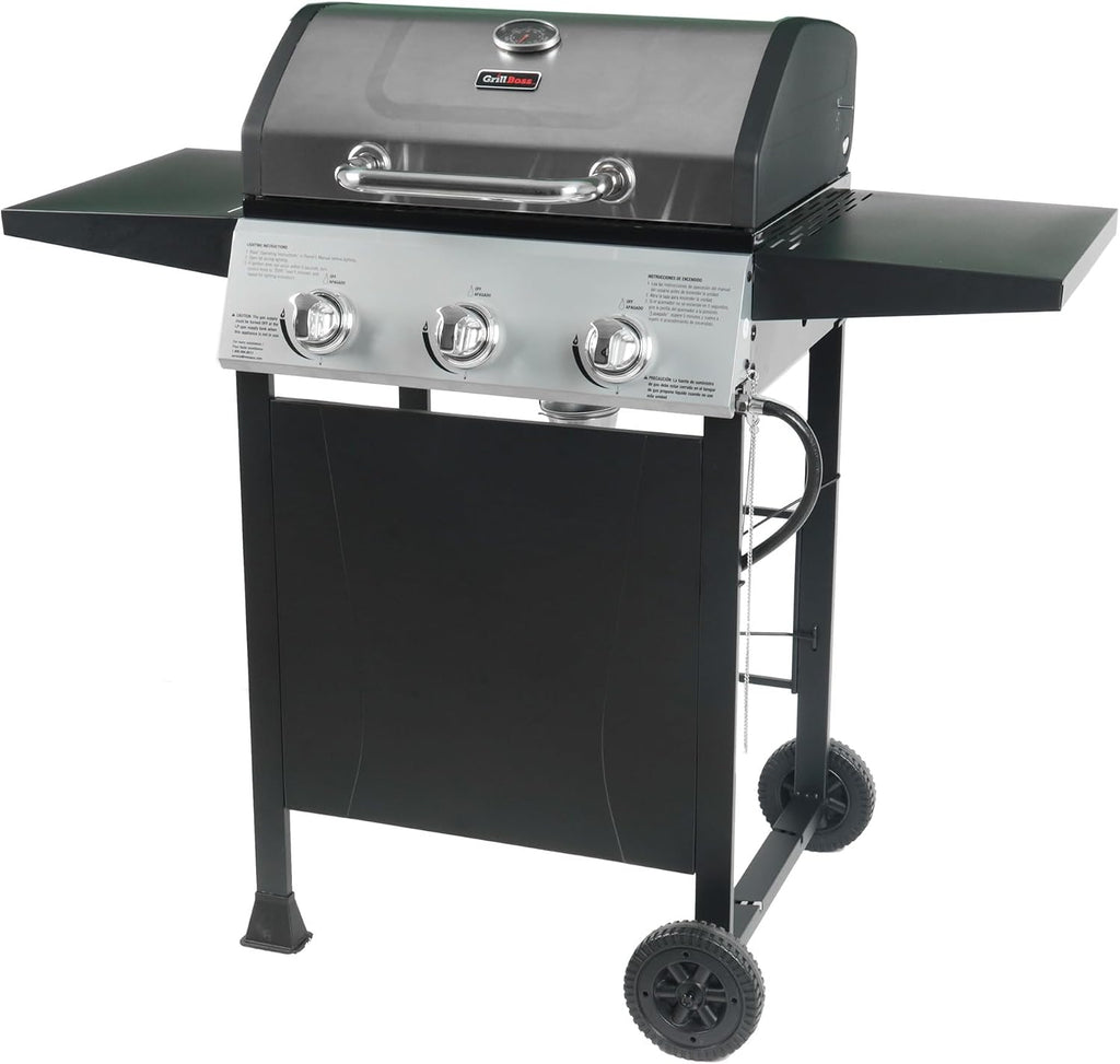 Grill Boss 3 Burner Propane Gas Grill, Portable BBQ w/Lid, Wheels & Side Shelves, Black - Grilling Accessories and Equipment for Camping, Tailgating, Outdoor Barbecue and Cooking