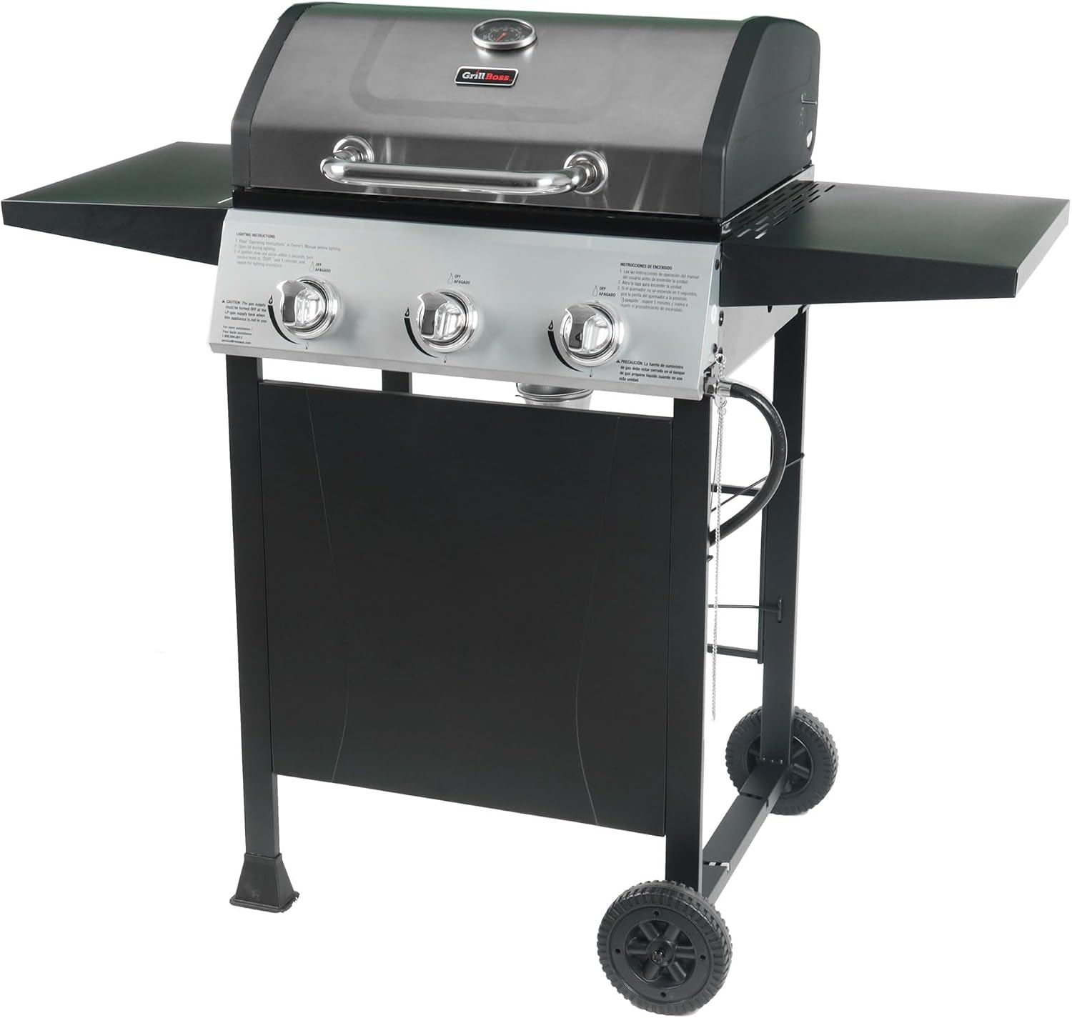 Grill Boss 3 Burner Propane Gas Grill, Portable BBQ w/Lid, Wheels & Side Shelves, Black - Grilling Accessories and Equipment for Camping, Tailgating, Outdoor Barbecue and Cooking
