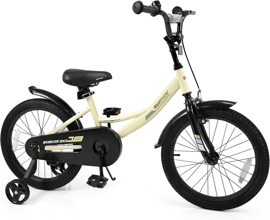 COSTWAY Kids Bike, 18 Inch Toddler Bicycle with Removable Training Wheels, Dual Brakes, Adjustable Seat & Handlebar Height, Girls & Boys Bikes for 3-8 Years Old (Beige,18 Inch with Kickstand)