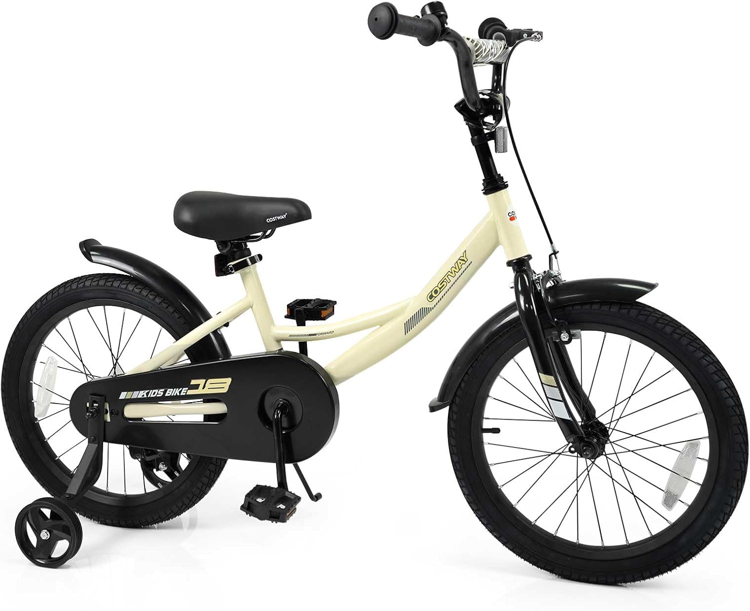 COSTWAY Kids Bike, 18 Inch Toddler Bicycle with Removable Training Wheels, Dual Brakes, Adjustable Seat & Handlebar Height, Girls & Boys Bikes for 3-8 Years Old (Beige,18 Inch with Kickstand)