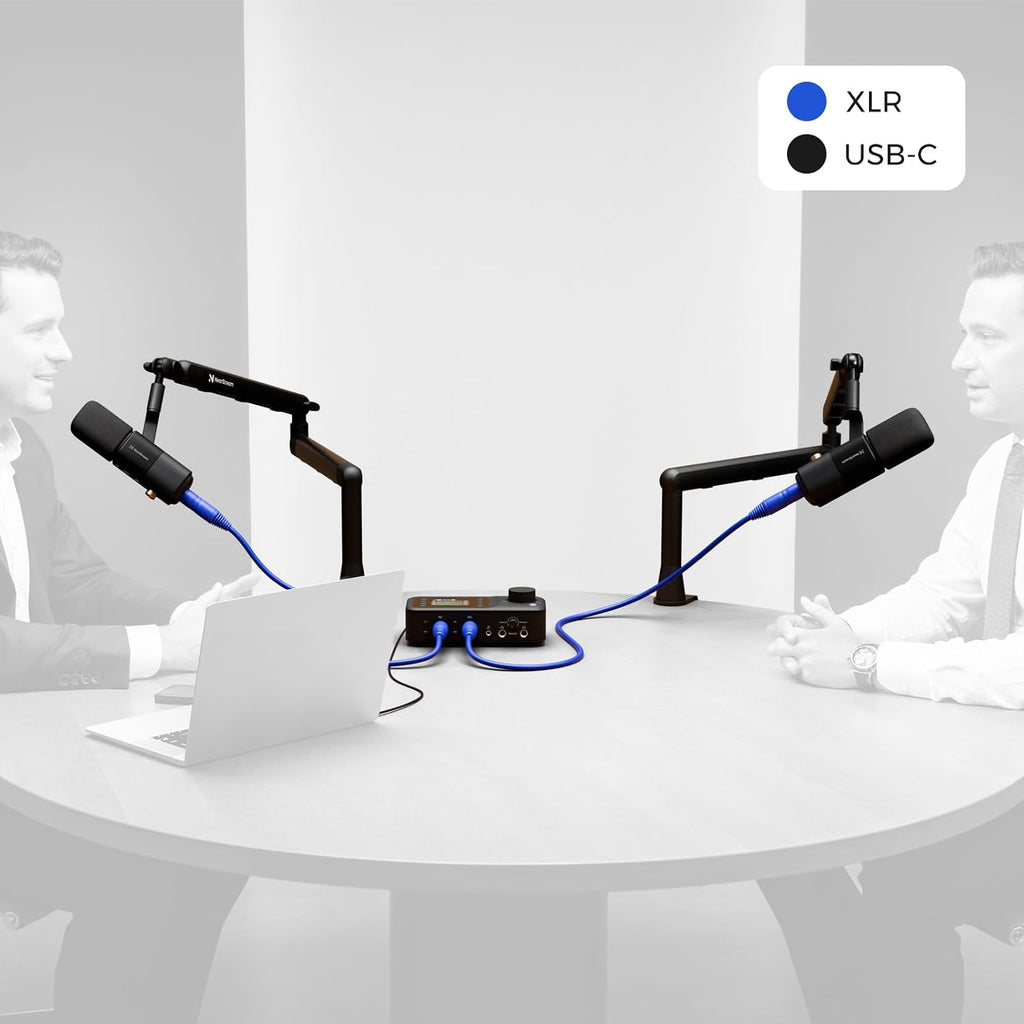 NearStream PodPro Duo Podcast Equipment Bundle for Dual Podcast/Livestream/Sound Creation, Audio Setup with 2 Podcast Microphone, 1 Audio Interface, 2 Mic Boom Arm, 2 XLR Microphone Cable