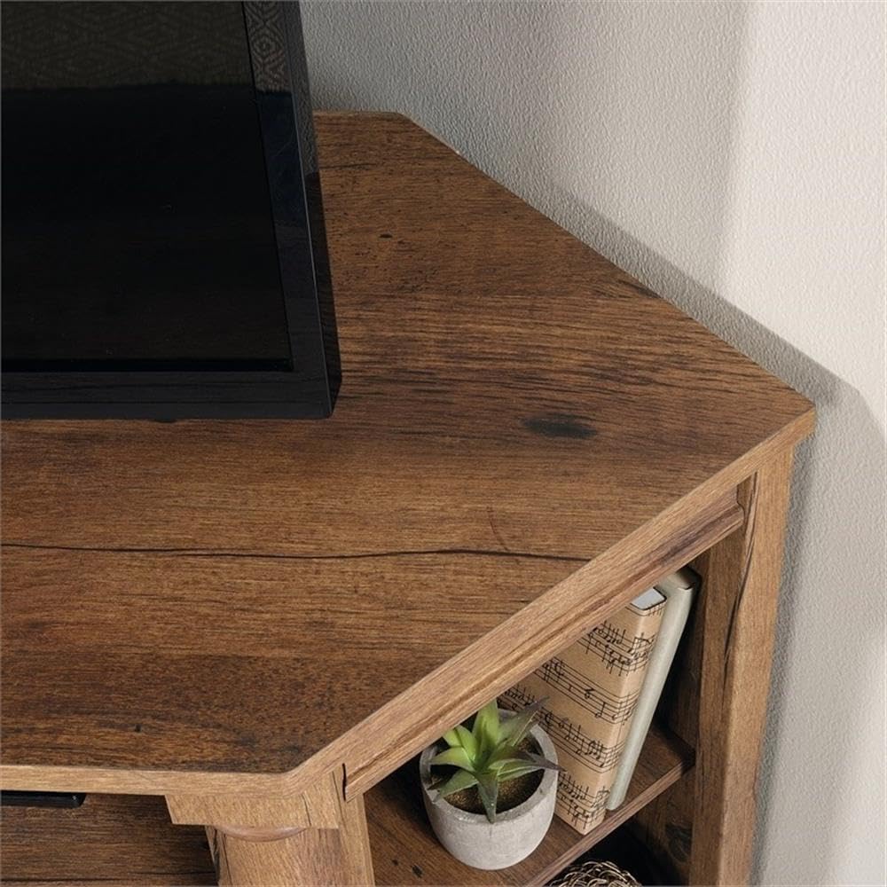Pemberly Row Corner TV Stand, Engineered Wood, Fits TVs up to 60 in, Vintage Oak Finish, Open Shelving, Adjustable Storage, Drawers with Safety Stops, Cable Management, Space-Saving Design for Living