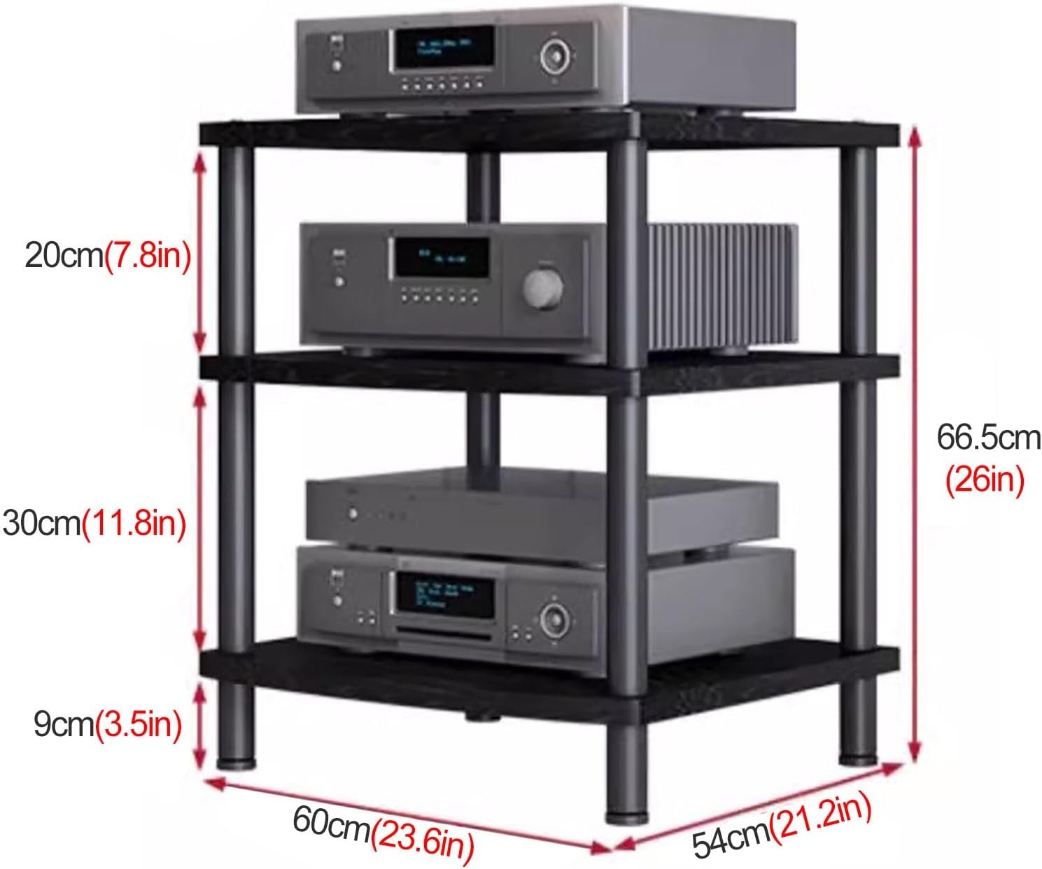 Heavy Duty Media Stand for Audio/Video Components, Modern 2/3/4 Tier Stereo Rack, Durable Electronics Shelf Unit for Home/Living Room, Brown Finish (H 66.5cm)