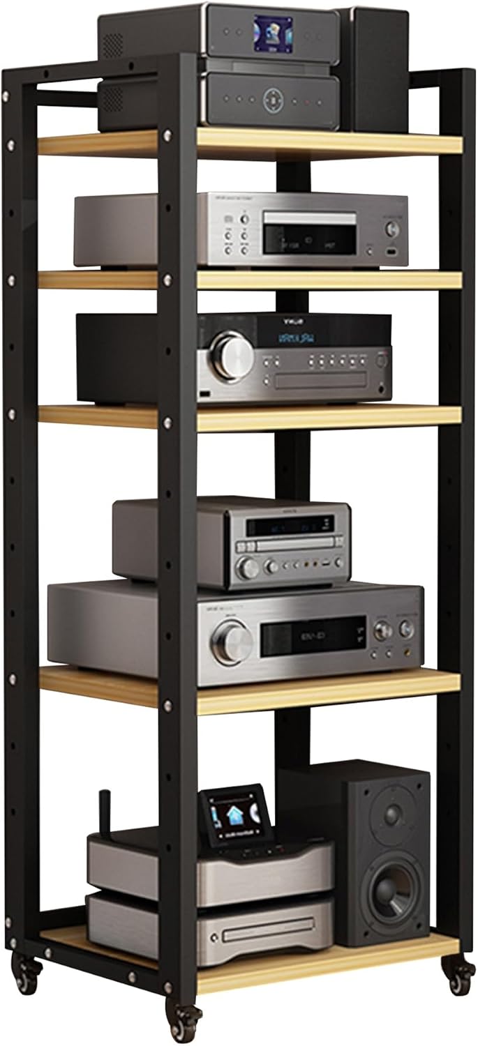 Modern Media Storage Cabinet for Audio and Video Equipment, Adjustable 5/6/7 Shelves AV Stand, Entertainment Organizer for Home, Office, and Theater (Wood Finish)