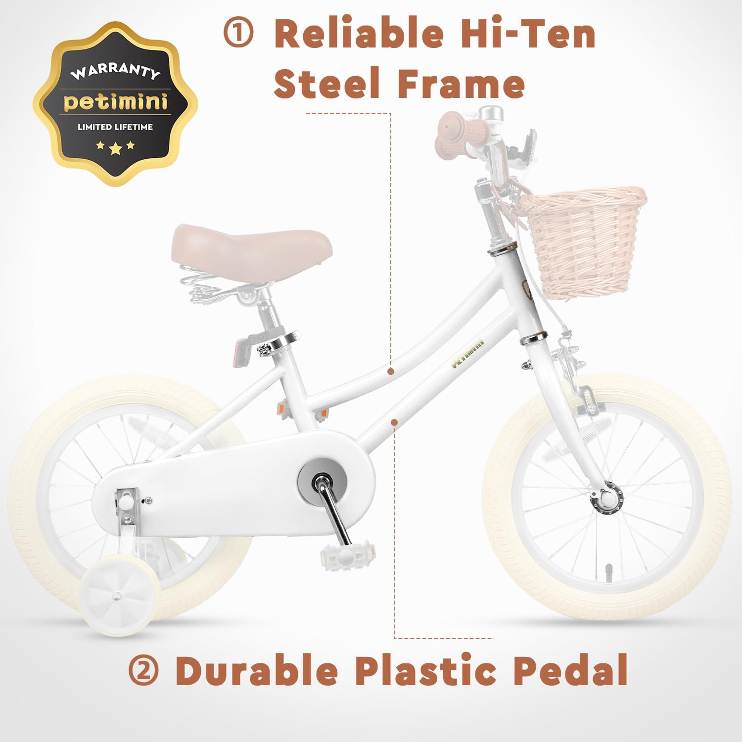 Petimini Vintage Kids Bike for Girls, 12–20 Inch Classic Bicycle with Wicker Basket & Bell, High Tensile Steel Frame, Training Wheels (12–18'), 85% Pre-Assembled, Retro Bike for Outdoor Riding