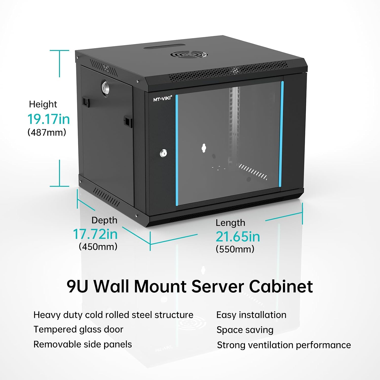 MT-VIKI 9U Wall Mount Server Cabinet Network Rack Vented Enclosure, 0.8mm Thick, 17.7'' Deep (450mm), for 19'' IT Equipment, Included 1pcs Rack Shelf