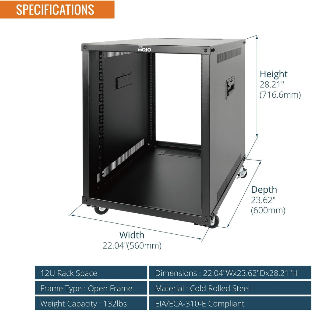 Tecmojo 12U Portable Rolling Network Rack, 4-Post Mobile Open Frame Server Rack with Wheels, Free Standing Server Cabinet for Computer/Data/AV/IT Equipment/Network Equipment