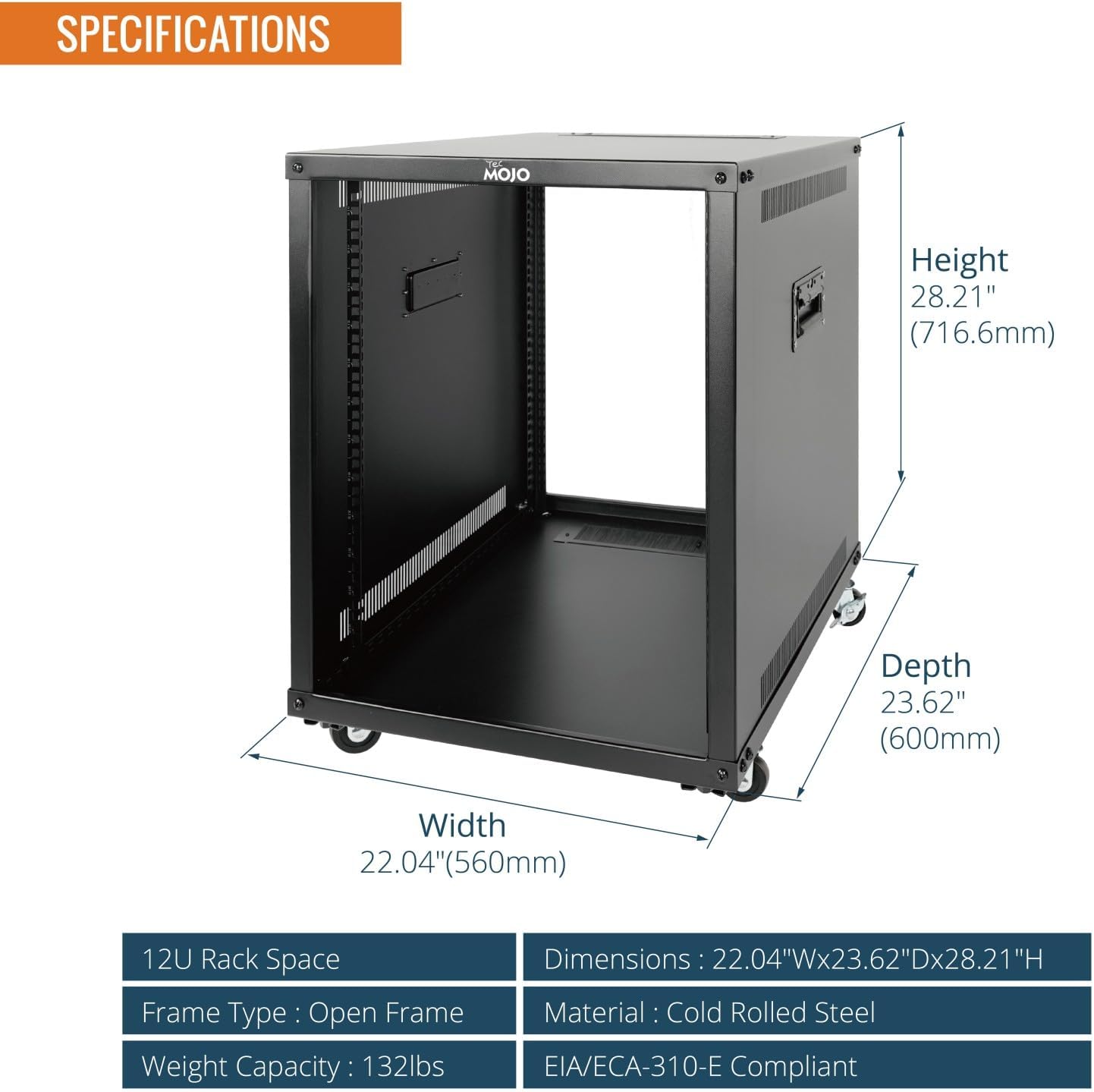 Tecmojo 12U Portable Rolling Network Rack, 4-Post Mobile Open Frame Server Rack with Wheels, Free Standing Server Cabinet for Computer/Data/AV/IT Equipment/Network Equipment