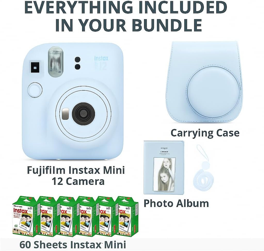 Fujifilm Instax Mini 12 Instant Camera Lilac Purple and Fuji Film Value Pack (60 Sheets) Bundle with Sturdy Tiger Accessories, Carrying Case, Photo Album 64 Pockets.