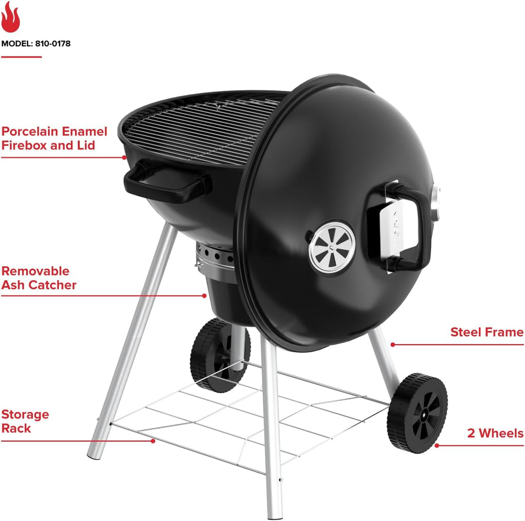 Nexgrill Premium 22.5' Charcoal Barbecue Grill with Adjustable Air Vent, Built-In Temperature Gauge, 362 SQ In Grate, Storage Rack, Portable Kettle Grill for Camping, Picnics, and More - 810-0178