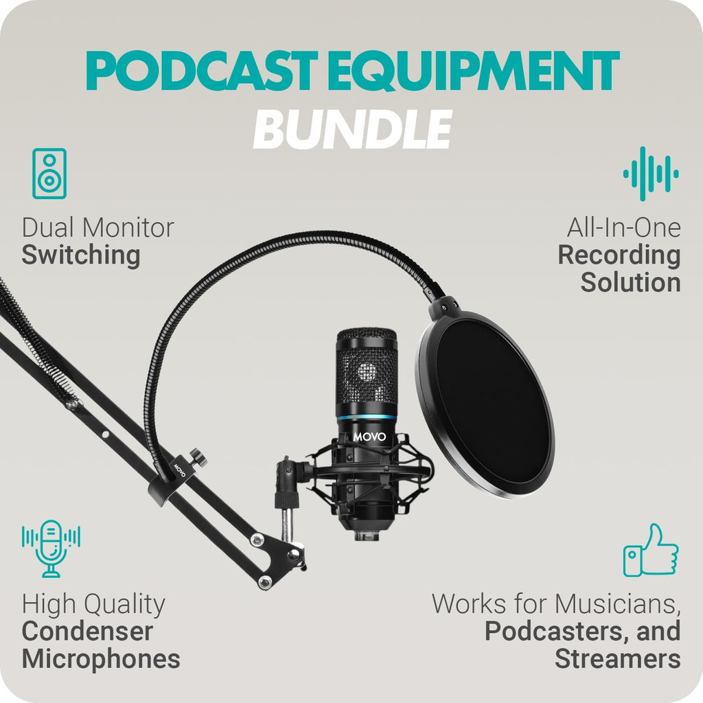 Movo PodKit2A Podcast Equipment Bundle for 2 Condenser Microphone Kit with Phantom 2x2 USB-C Audio Interface and Articulating Scissor Arm Mic Stand - for YouTube, Podcasting, Streaming, Twitch