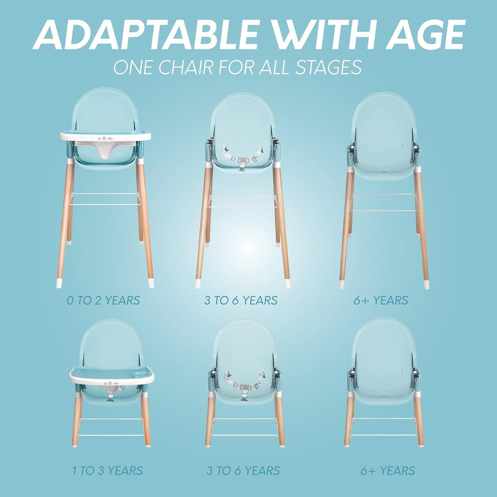 6 in 1 Deluxe Wooden High Chair for Babies & Toddlers, Modern Safe & Compact Baby Highchair, Easy to Clean & Assemble, Removable Tray, 6 Options 3 Seat Positions 2 Heights (Blue)