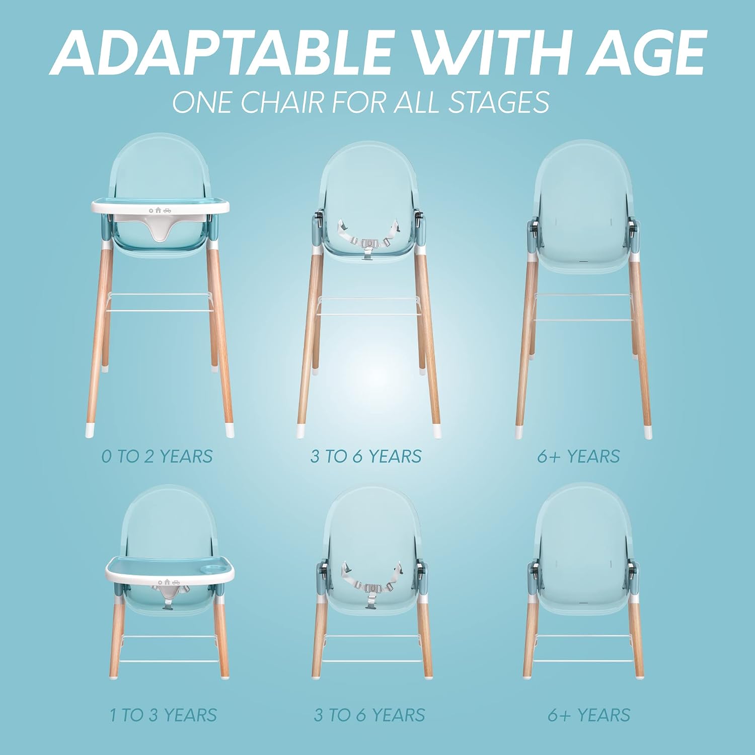 6 in 1 Deluxe Wooden High Chair for Babies & Toddlers, Modern Safe & Compact Baby Highchair, Easy to Clean & Assemble, Removable Tray, 6 Options 3 Seat Positions 2 Heights (Blue)