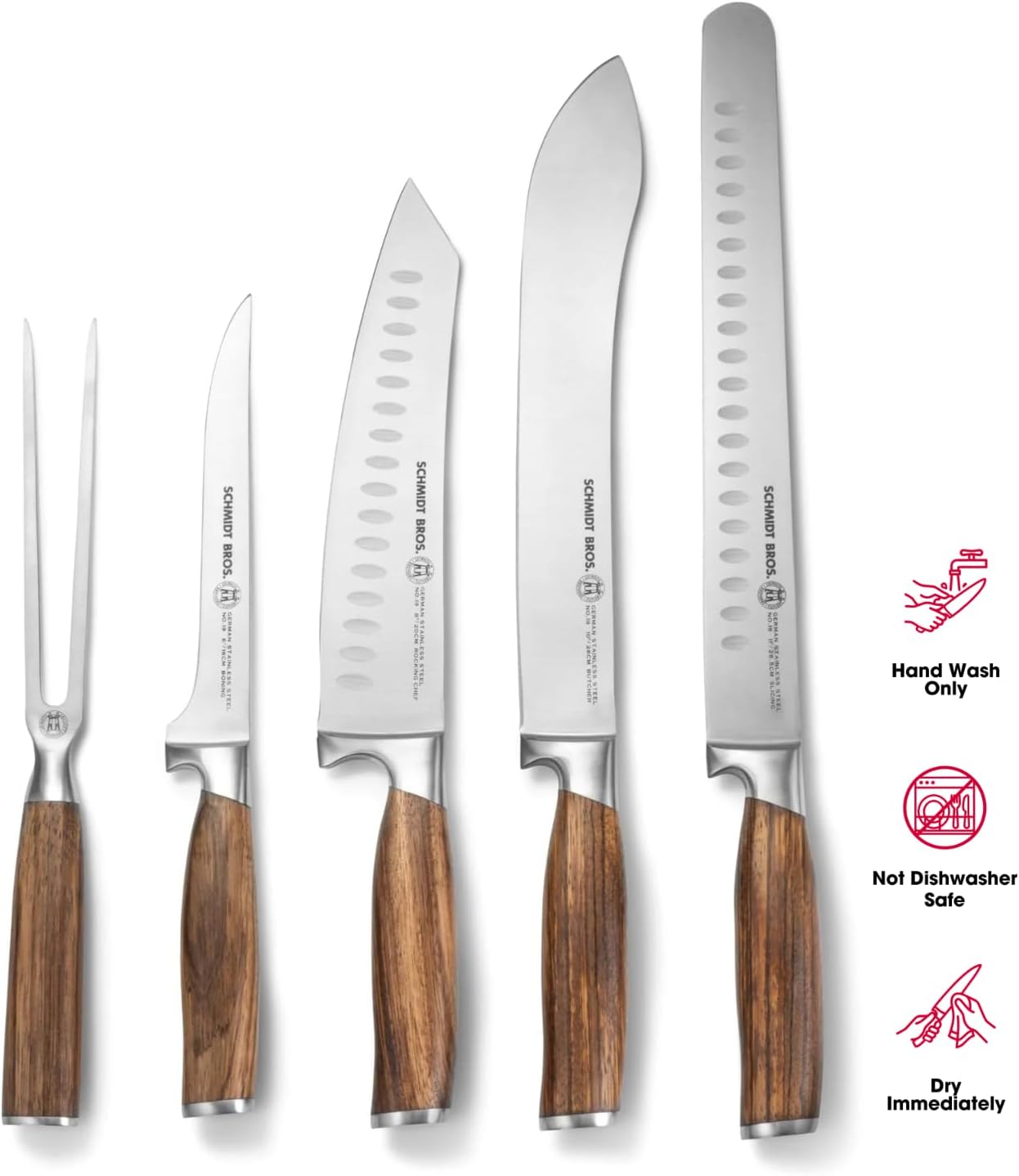 Zebra Wood 6-Piece BBQ Knife Set - Fully Forged Stainless Steel Grilling Utensils Including Brisket, Butcher, Chef's, Boning Knives, Carving Fork, Knife Carrying Roll