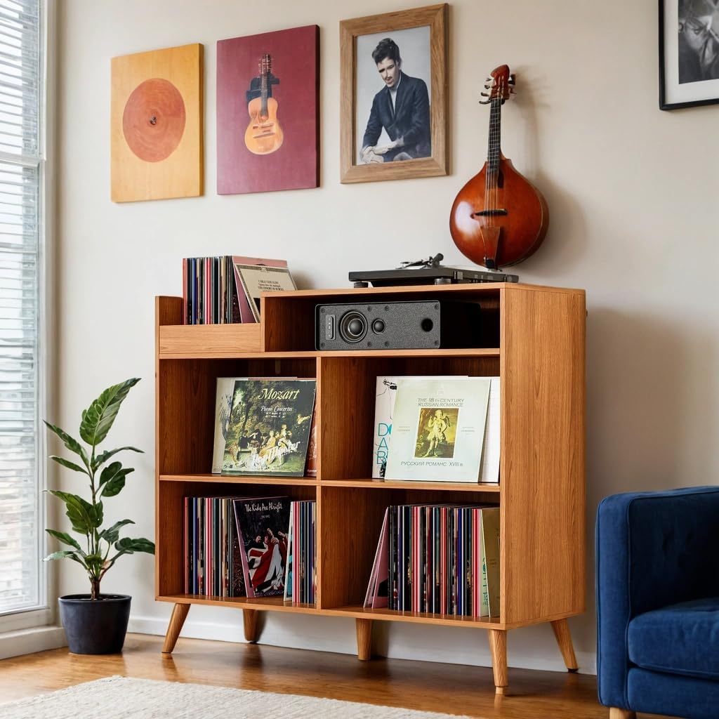 DIYART 3 Tier Large Record Player Stand with Power Outlet, Vinyl Record Storage Table Holds Up to 500 Albums, Mid-Century Turntable Stand, Brown