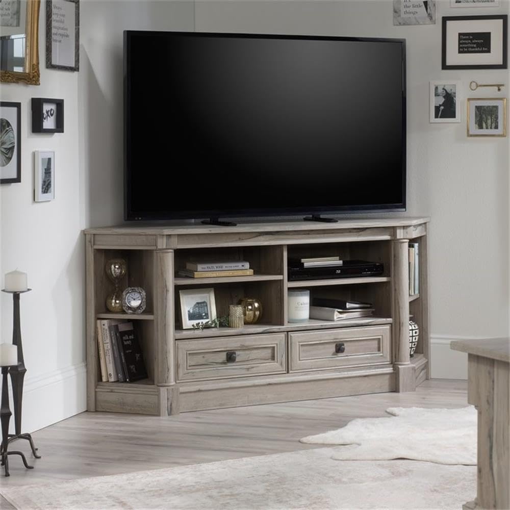 Pemberly Row Corner TV Stand Console, 60 in, Engineered Wood, Split Oak Finish, Adjustable Shelves and Drawers, Compact Space Solution, Fits Up to 60 in TV, Home Living Room Storage