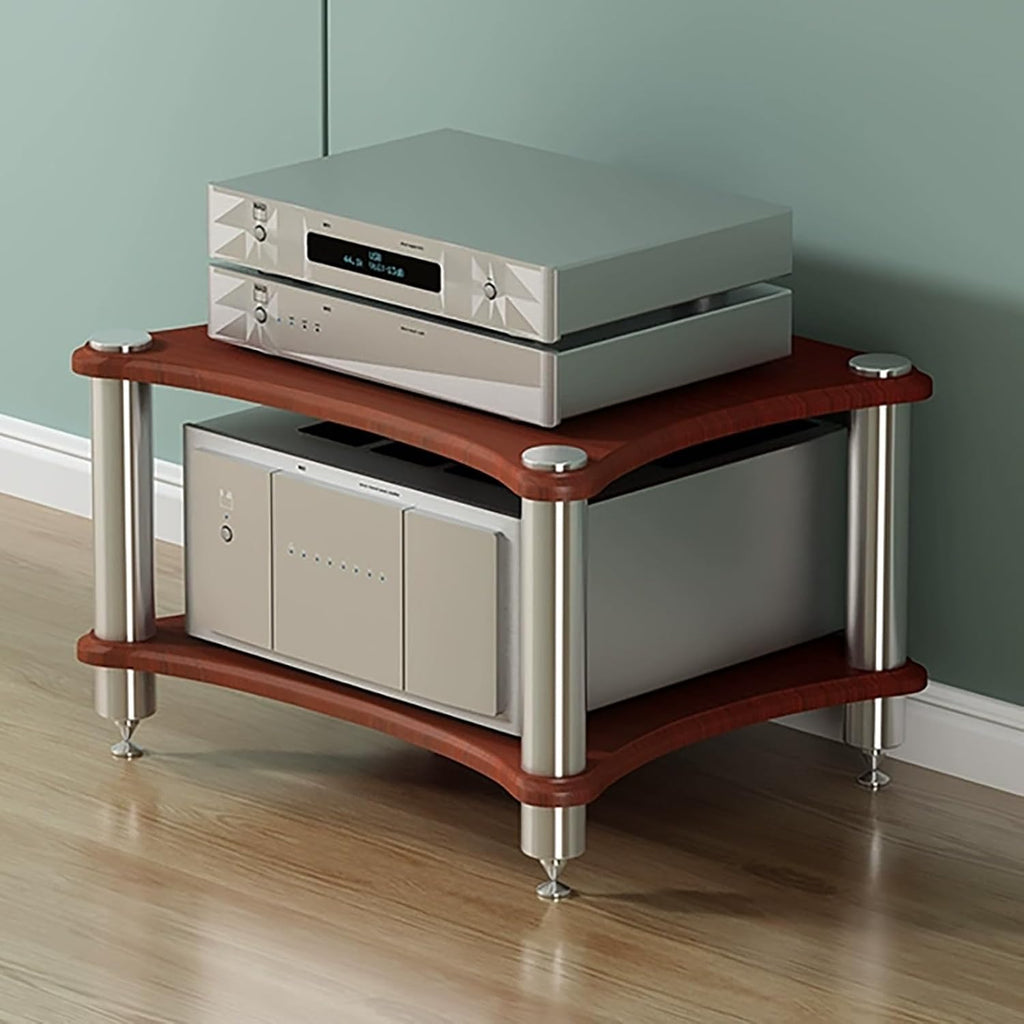 Multifunctional AV Media Stand, 2-Tier Open Storage Cabinet, Wooden Audio Rack with Stainless Steel Frame for TV & Media Components, 60x48x40cm (Brown)
