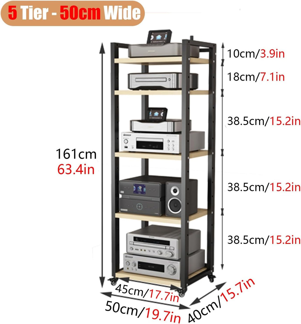 Stereo Rack Cabinet 63 Inch High, 5 6 7 8 Tier Record Player Stand for Turntable Av Media Receiver Equipment Storage, Adjustable Shelving Audio Tower Shelf(Color:5 Tier,Size:50cm Wide)