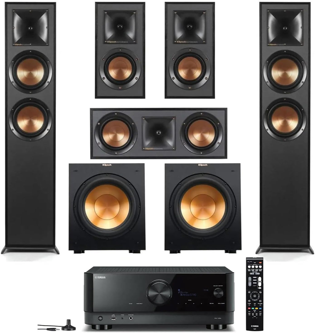 Klipsch Reference 5.2 Home Theater System, Bundle 2X R-625FA Floorstanding 2X R-12SW Subwoofer, R-52C Center, R-41M Bookshelf Speakers, and Yamaha RX-A2AB 7.2-Channel AV Receiver