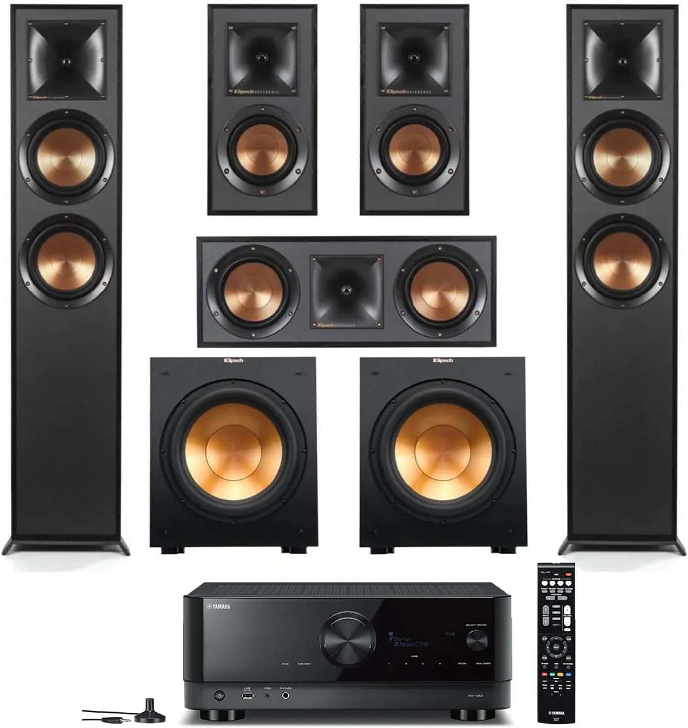 Klipsch Reference 5.2 Home Theater System, Bundle 2X R-625FA Floorstanding 2X R-12SW Subwoofer, R-52C Center, R-41M Bookshelf Speakers, and Yamaha RX-A2AB 7.2-Channel AV Receiver