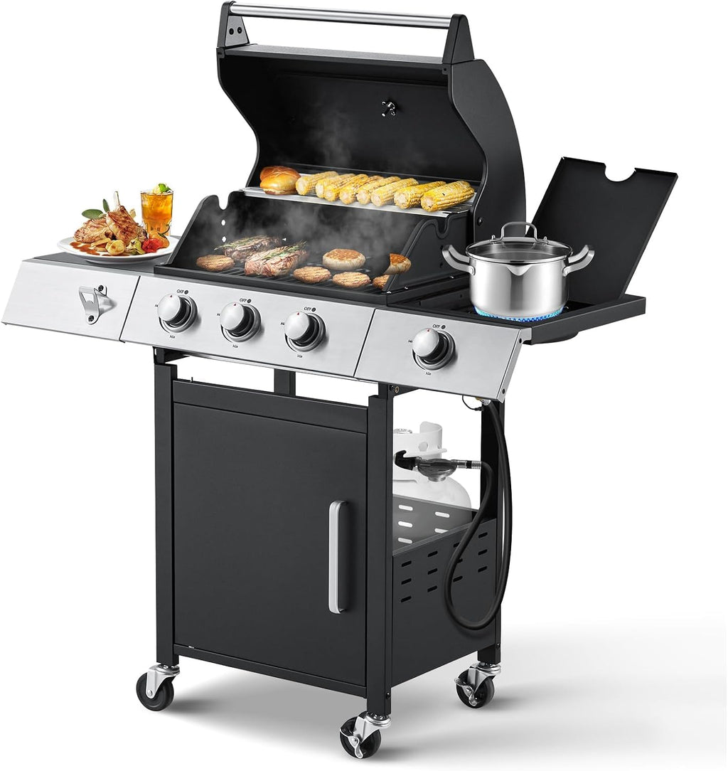 MELLCOM Upgraded 36,000 BTU Stainless Steel Burner Barbecue Grill, 3 Burner BBQ Propane Gas Grill with Cast Iron Grates & Side Stove for Patio, Camping, Outdoor Cooking