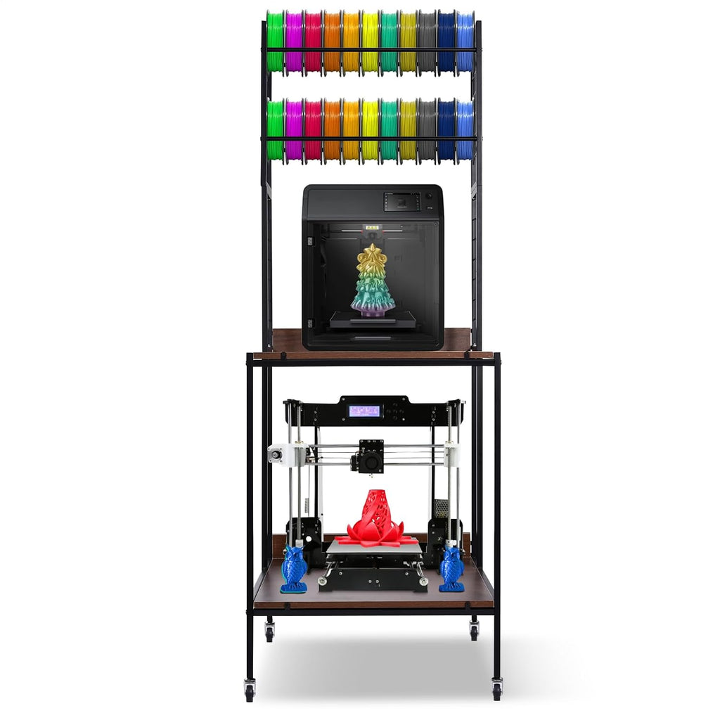 3D Printer Table Stand 2 Layer Rolling 3D Printer Filament Storage Desk Rack Heavy Duty Mobile Table with Feet & Locked Wheels for PL.A ABS PET.G Studio Office Workshop Storage Organization