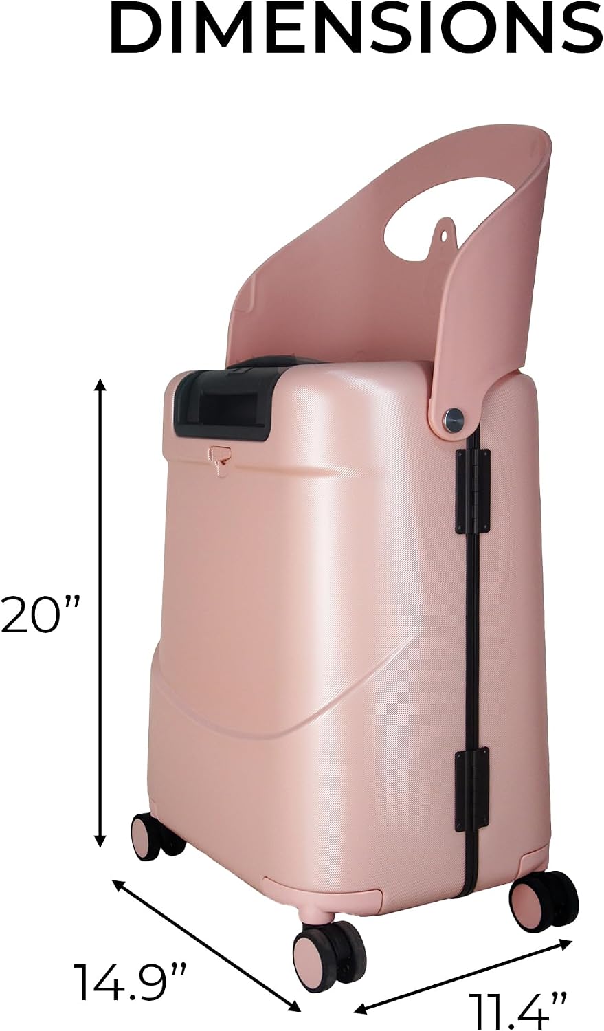 MiaMily 4-Wheel Carry-On Luggage with Seat – Ride-On Suitcase for Easy Family Travel, Seat Belt, 43L Hard Shell, Waterproof Pocket, Adjustable Handle, Dusty Pink