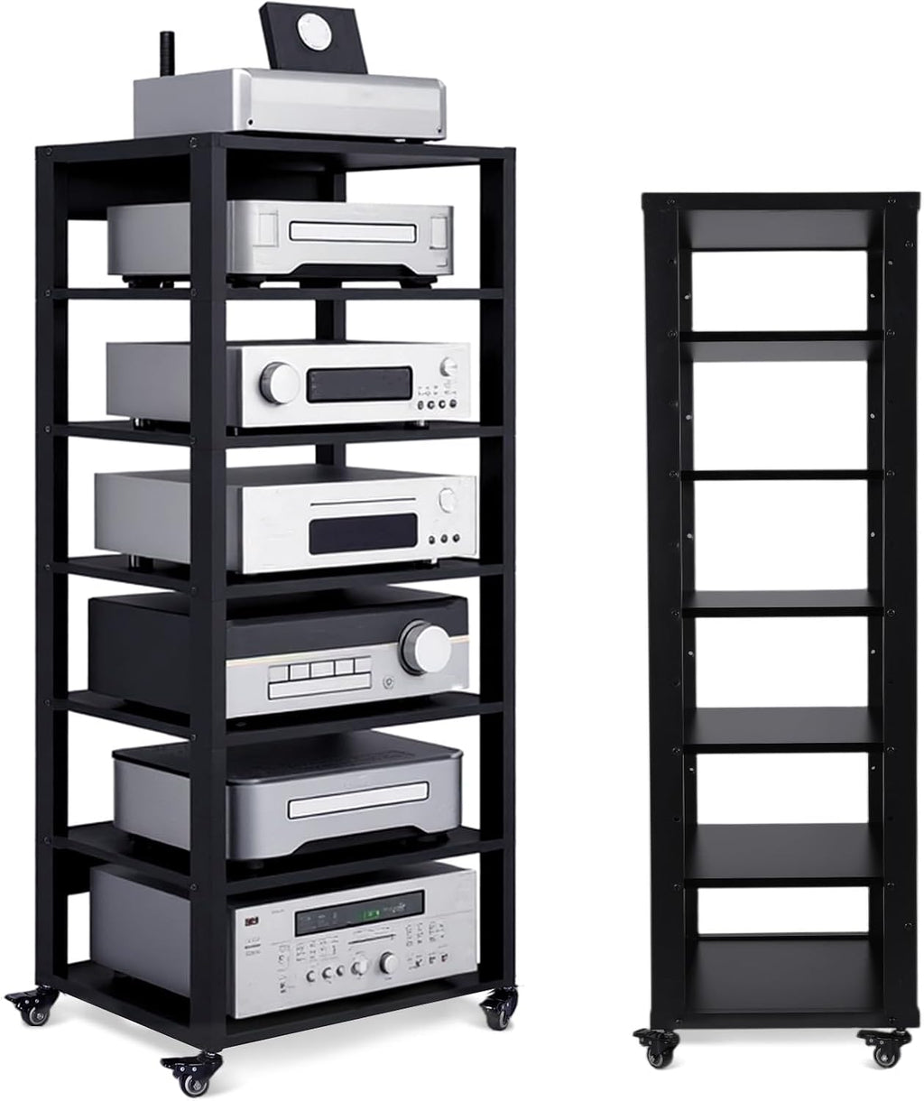 7-Tier Audio Rack Tower, Heavy Duty HiFi Amplifier Stand, Adjustable AV Media Component Cabinet with Wheel, Stereo Receiver & CD Player Display Rack for Home Theater Equipment