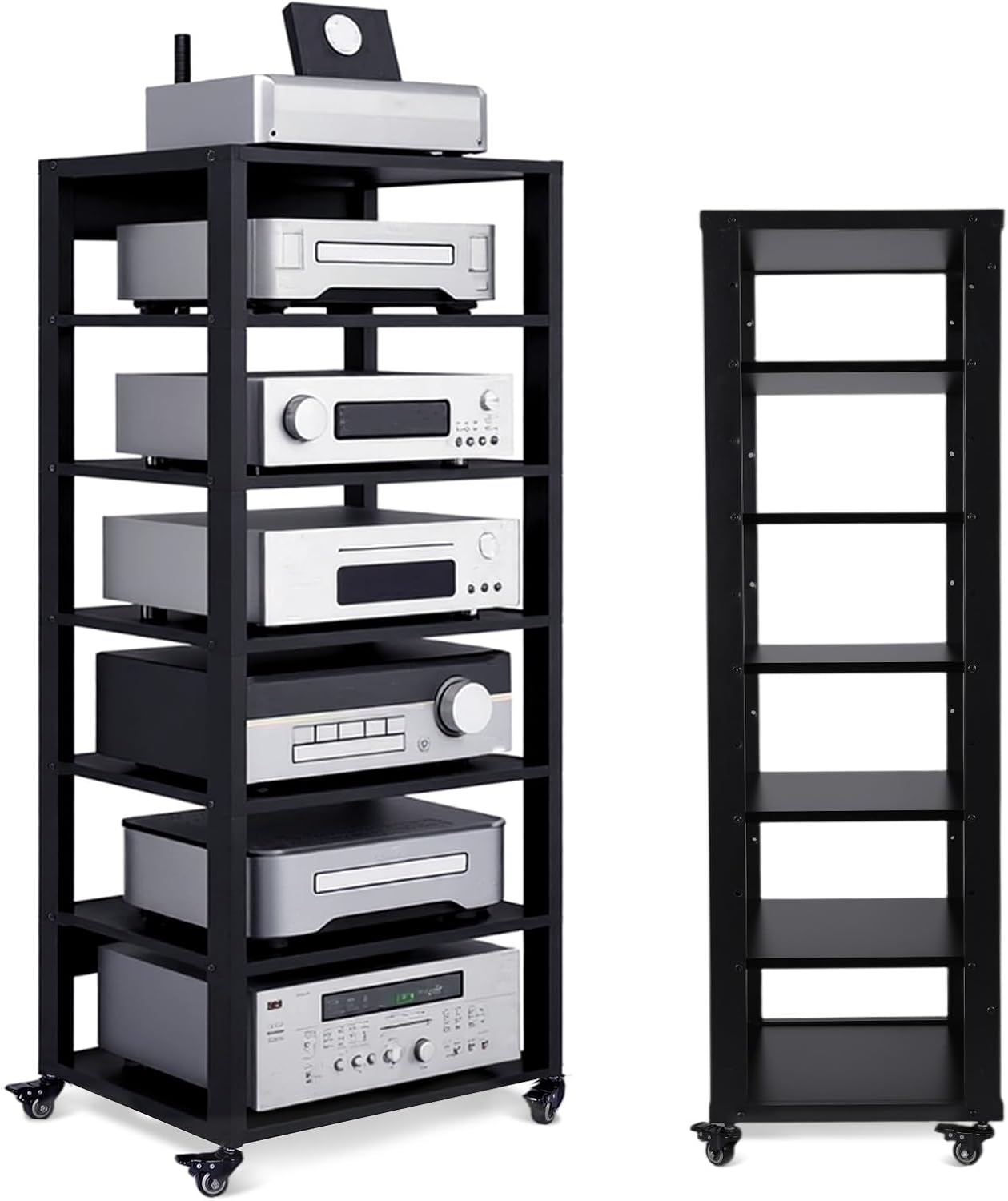 7-Tier Audio Rack Tower, Heavy Duty HiFi Amplifier Stand, Adjustable AV Media Component Cabinet with Wheel, Stereo Receiver & CD Player Display Rack for Home Theater Equipment
