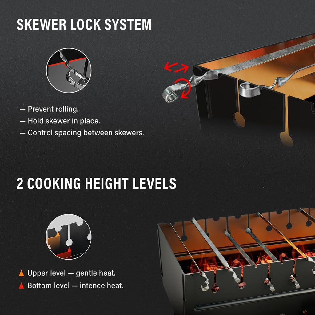 Charcoal Grill for 12 Skewers - Portable BBQ Mangal - Foldable Metal Grill for Shashlik, Kebab, Picnic, Outdoor Cooking (Skewers Not Included)
