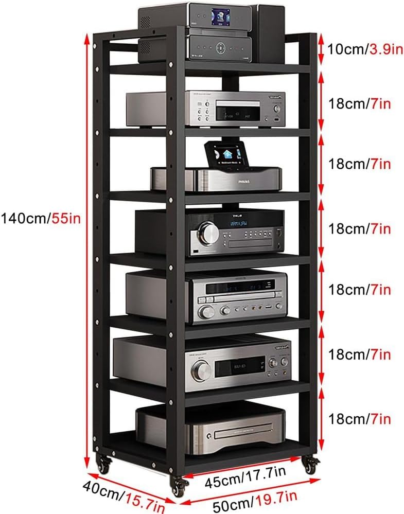 7-Tier Heavy Duty Audio Component Rack 140cm Tall - HiFi Amplifier Rack/Audio-Video Shelving - CD Record Player Stereo Receiver AV Equipment Cabinet Display Stand,A