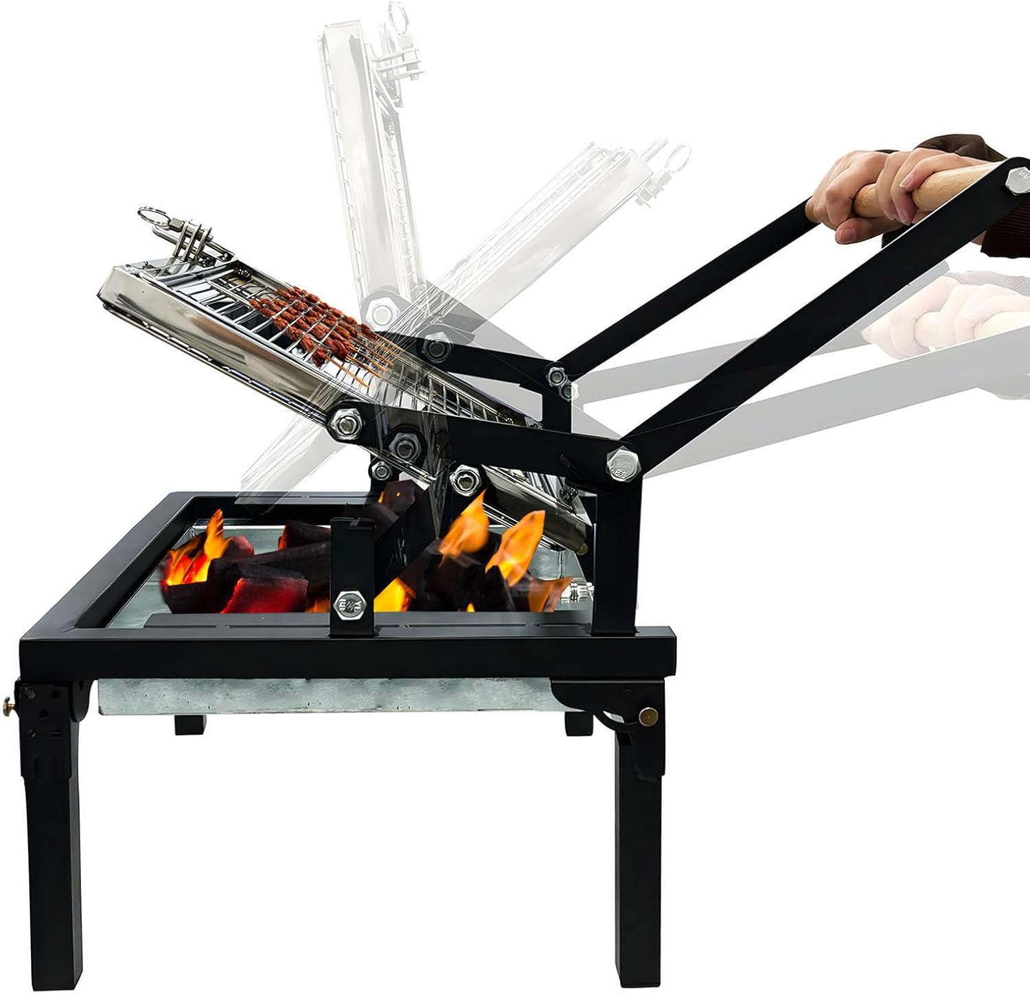Rotating BBQ Grill, Foldable Flipping Charcoal Grill with 360 Degree Rotating Cooking Grille, Cooking Grill with Adjustable Tray, Suitable for Outdoor Camping Picnicking Backyard Garden Parties