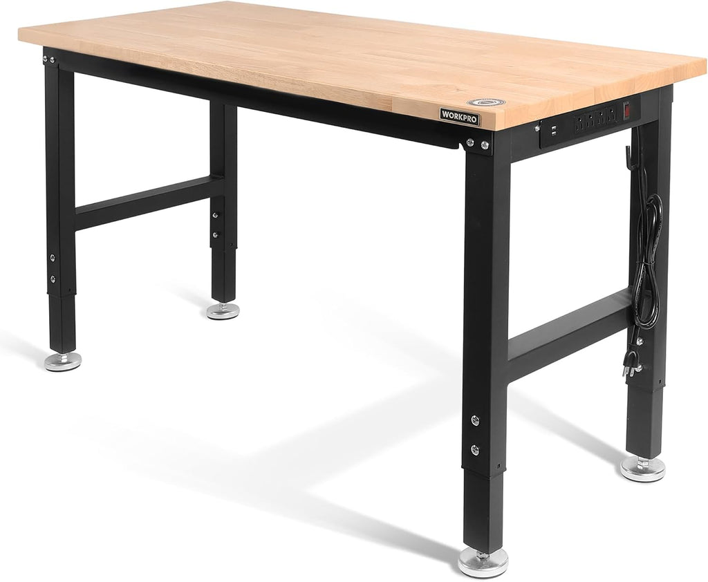 WORKPRO 48' Adjustable Workbench, Rubber Wood Top Heavy-Duty Workstation, 2000 LBS Load Capacity Hardwood Worktable with Power Outlets, for Workshop, Garage