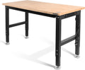 WORKPRO 48' Adjustable Workbench, Rubber Wood Top Heavy-Duty Workstation, 2000 LBS Load Capacity Hardwood Worktable with Power Outlets, for Workshop, Garage