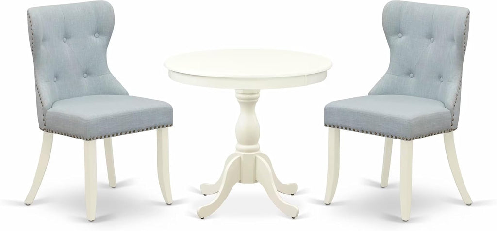 East West Furniture AMSI3-LWH-15 3 Piece Dining Table Set for Small Spaces Contains a Round Kitchen Table with Pedestal and 2 Baby Blue Linen Fabric Parsons Chairs, 36x36 Inch, Linen White