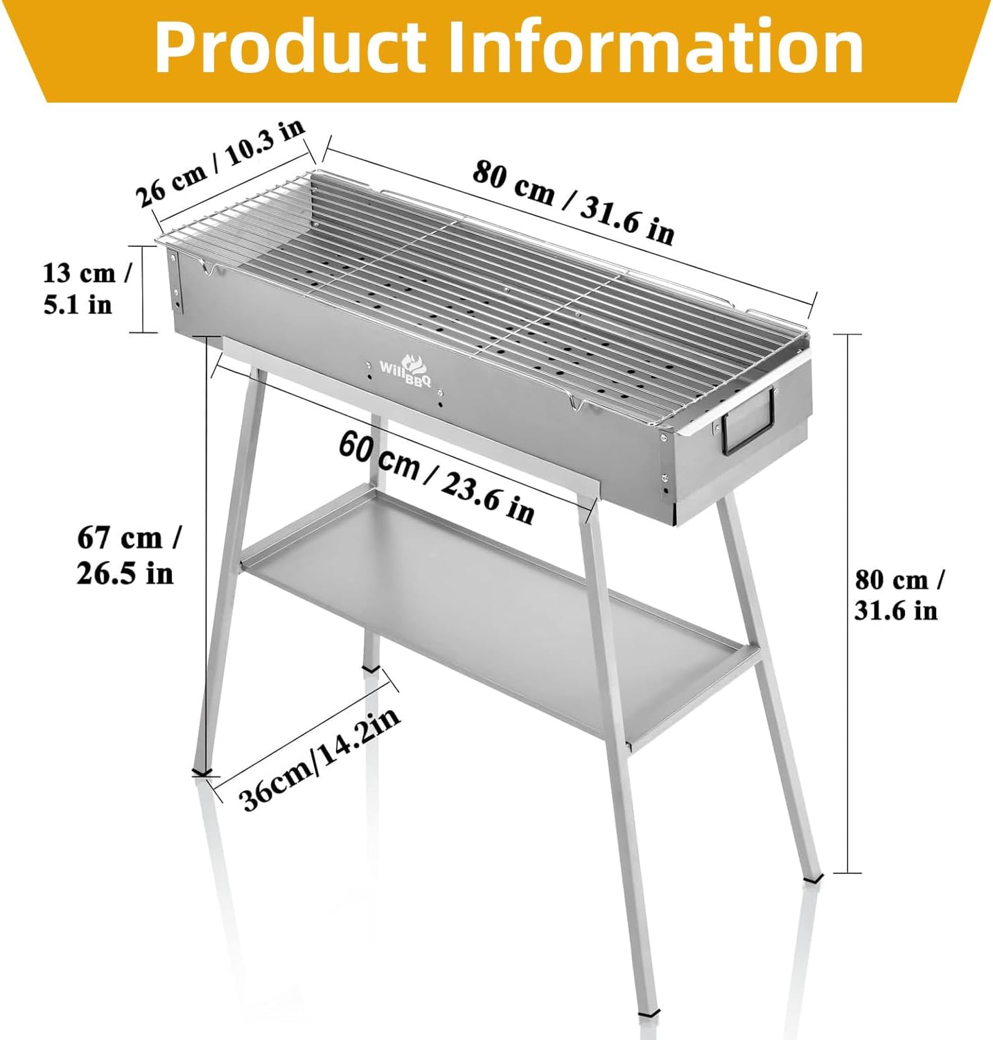WILLBBQ Charcoal Grill Tailgate Parties, Patio, Beach Barbecues, Backyard Gatherings,Alloy Steel BBQ Barbecue Outdoor Grilling with Durable Support Frame and Dual Adjustable Vents (31.6x10.3x5.1 inch)