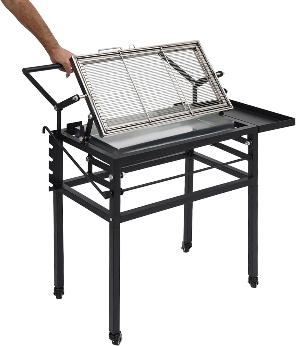Charcoal Flip Grill for BBQ - 360° Flipping Portable Charcoal BBQ Grill with 5 Height Settings, Side Storage & Lockable Wheels - Ideal for Outdoor Camping, Backyard
