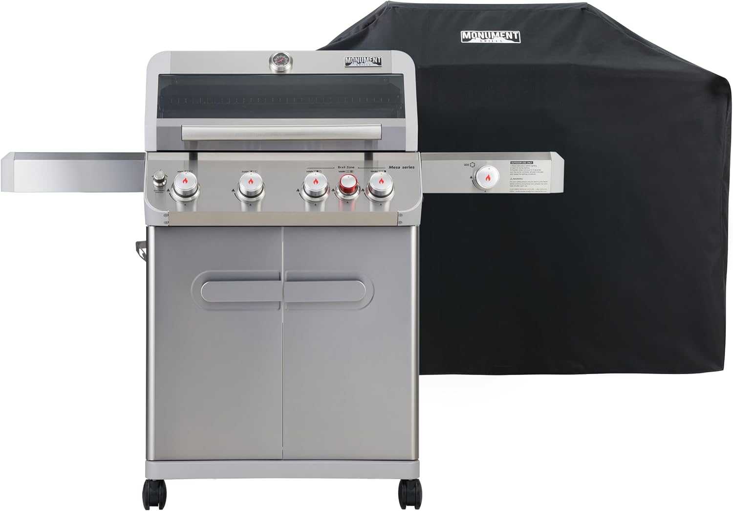 Monument Grills Mesa Series, Outdoor Barbecue Stainless Steel 4 Burner Propane Gas Grill, 62,000 BTU Patio Barbecue Grill with Side Burner, Infrared, Knob Controls, Mesa415BZ with BBQ Cover