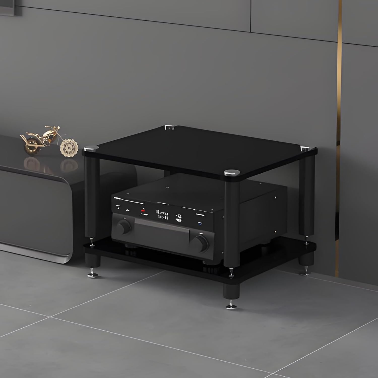 Media Storage Cabinet, Audio Video, Multi-Function Open Storage TV Stand, with Shock-Absorbing Feet Power Amplifier Shelf Equipment Cabinet for Living Room(Black,23.6'x18.8'x14.5')