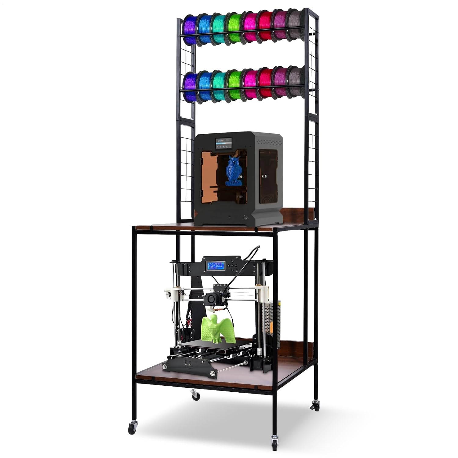 3D Printer Table Stand 2 Layer Rolling 3D Printer Filament Storage Desk Rack Heavy Duty Mobile Table with Feet & Locked Wheels for PL.A ABS PET.G Studio Office Workshop Storage Organization