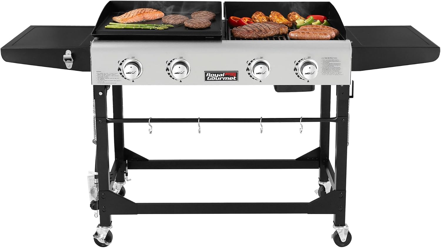Royal Gourmet GD401 Portable Propane Gas Grill and Griddle Combo with Side Table | 4-Burner, Folding Legs,Versatile, Outdoor | Black 66 Inch