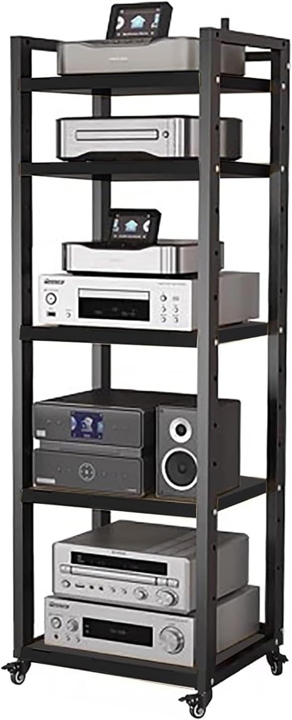 Audio Equipment Rolling Cart 5 6 7 8 Tier Media Storage Shelf for Radio - Stereo - TV Box - Cable Box - WiFi Router - Stereo Cabinet Wood, Multi-Function Open Storage Rack,Black(5 tier-50X40X161CM)